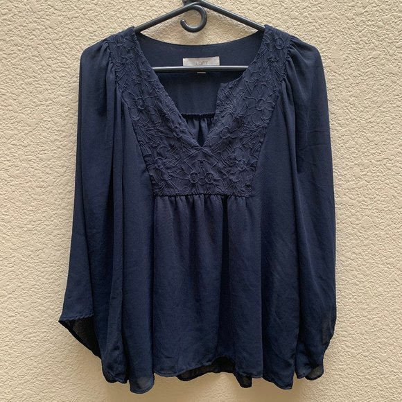 LOFT Tops - LOFT Navy Blue Flowy Floral Blouse Trumpet Sleeve
